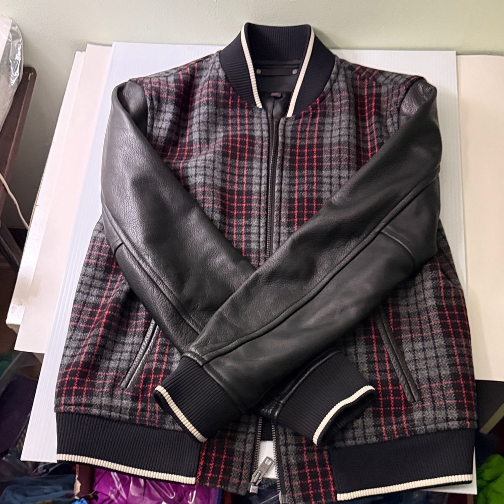 Coach Men's wool Plaid Bomber Jacket with Leather Sleeves - Picture 8 of 10